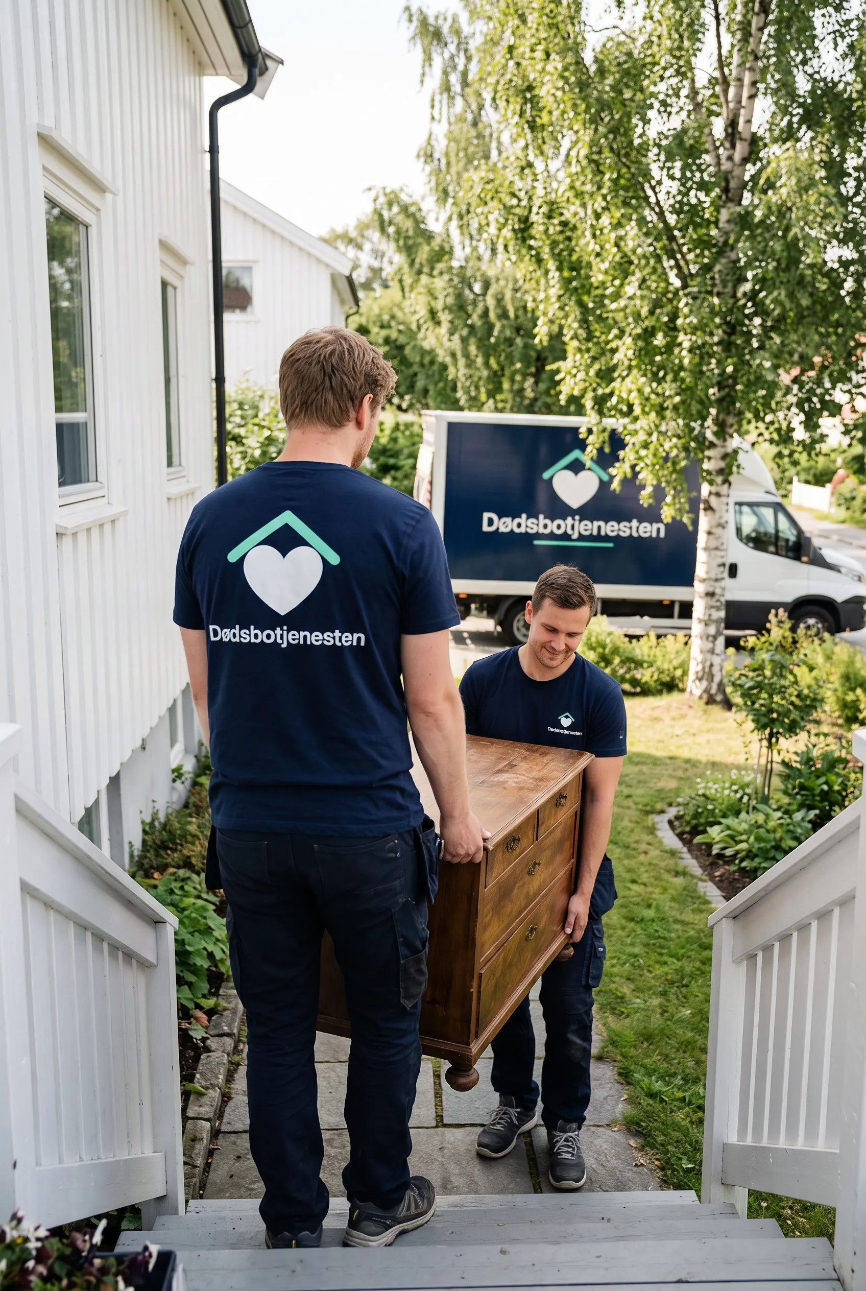 Kommode bæres ut fra enebolig